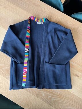 YMC navy cardigan with multicolor trim